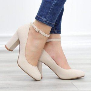 Nude Ankle Strap Vintage Style Block Heels